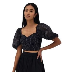 Love, Bonito Puff Sleeve Crop Top Black Polka Dot Ruched US 6